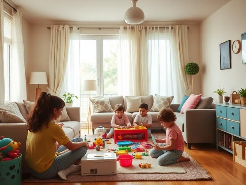 Une adulte accompagne des enfants autour d’une table de jeux dans un salon.