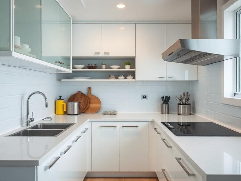Cuisine lumineuse avec plan de travail dégagé et rangements fermés.
