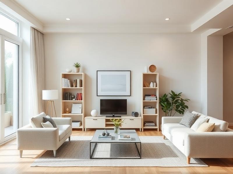 Salon rangé avec étagères, meuble de télévision et table basse dégagée.